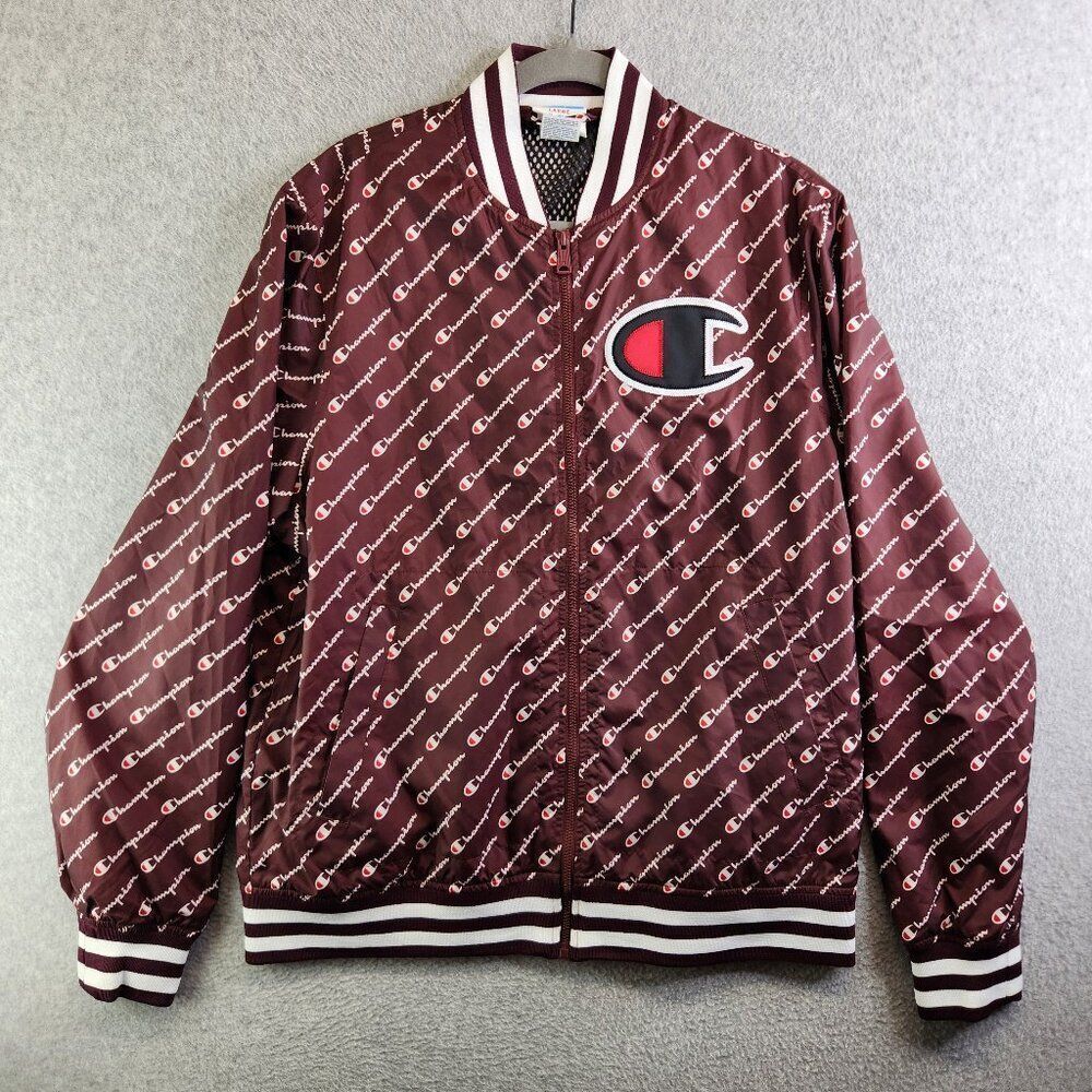Champion Jacket Mens L Brown Allover Script Satin Baseball Mesh Lined Varsity